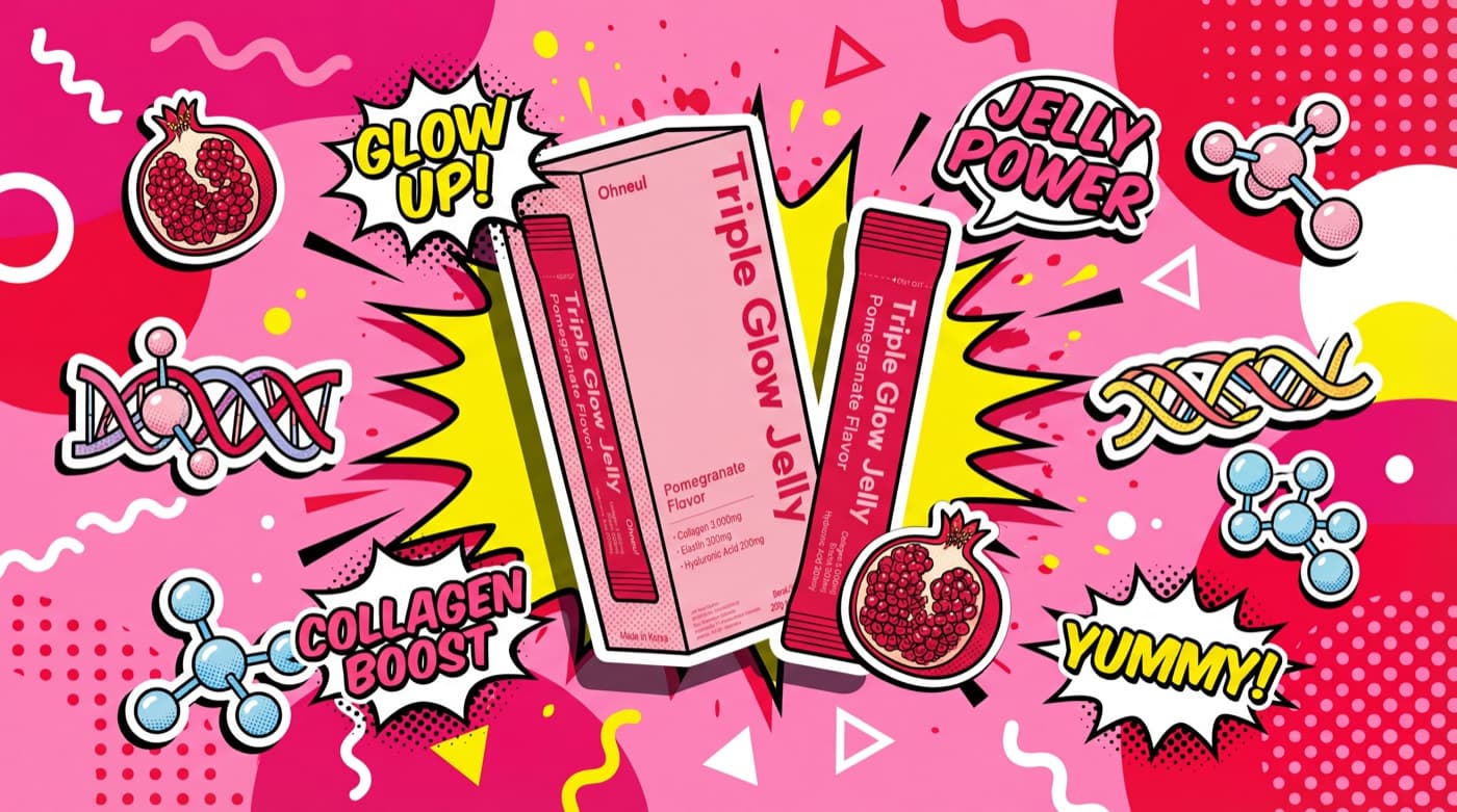 Ohneul Triple Glow Jelly box and jelly stick in a pink pop-art collage